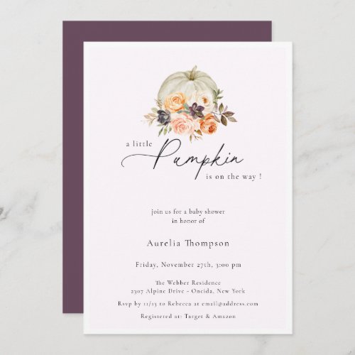 Autumn Floral Pumpkin Purple Baby Shower Invitation