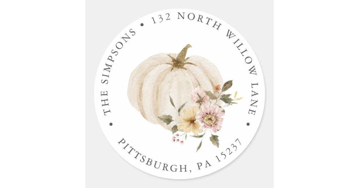 Autumn Floral Pumpkin Return Address Classic Round Sticker | Zazzle
