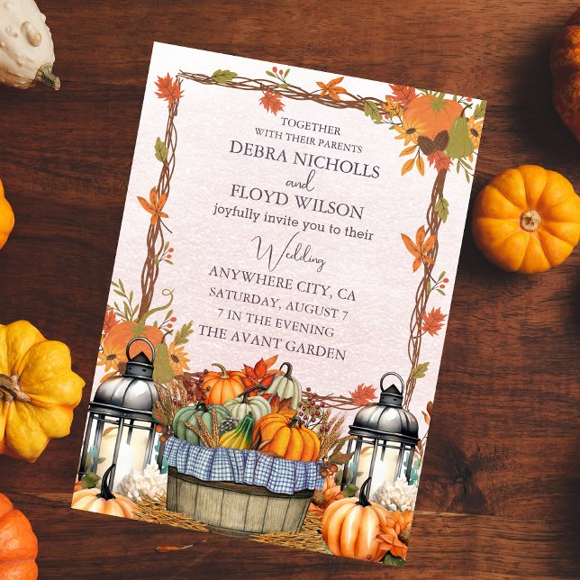 Autumn Floral Pumpkin Scrip Wedding Invitation (Creator Uploaded)