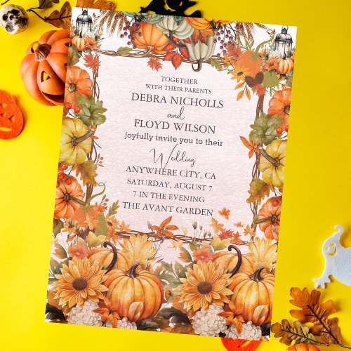 Autumn Floral Pumpkin Scrip Wedding Invitation