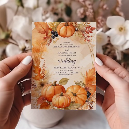 Autumn Floral Pumpkin Scrip Wedding Invitation