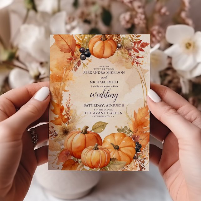 Autumn Floral Pumpkin Scrip Wedding Invitation (Creator Uploaded)