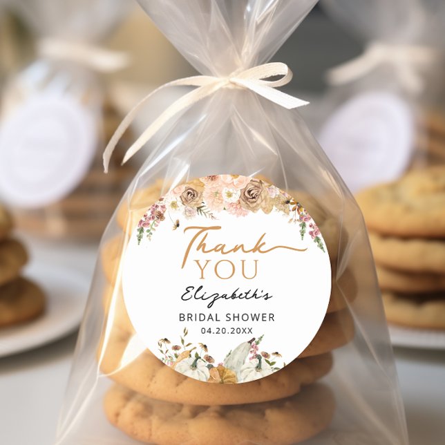 Autumn Floral Pumpkin Thank You Favor Classic Round Sticker (Creator Uploaded)