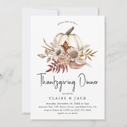 Autumn Floral Pumpkin Thanksgiving Dinner Invitation | Zazzle