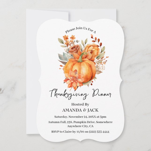 Autumn Floral Pumpkin Thanksgiving Dinner Invitation (Front)