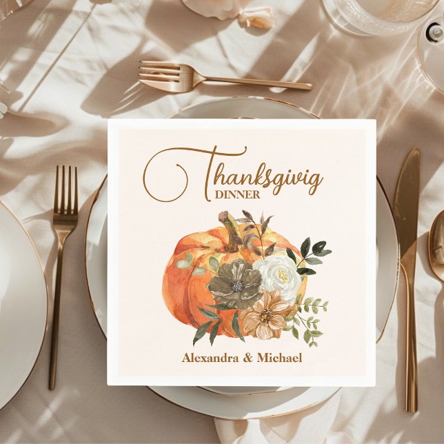 Autumn Floral Pumpkin Thanksgiving Dinner Napkins (Creator Uploaded)