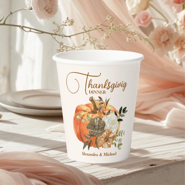 Autumn Floral Pumpkin Thanksgiving Dinner Paper Cups (Creator Uploaded)