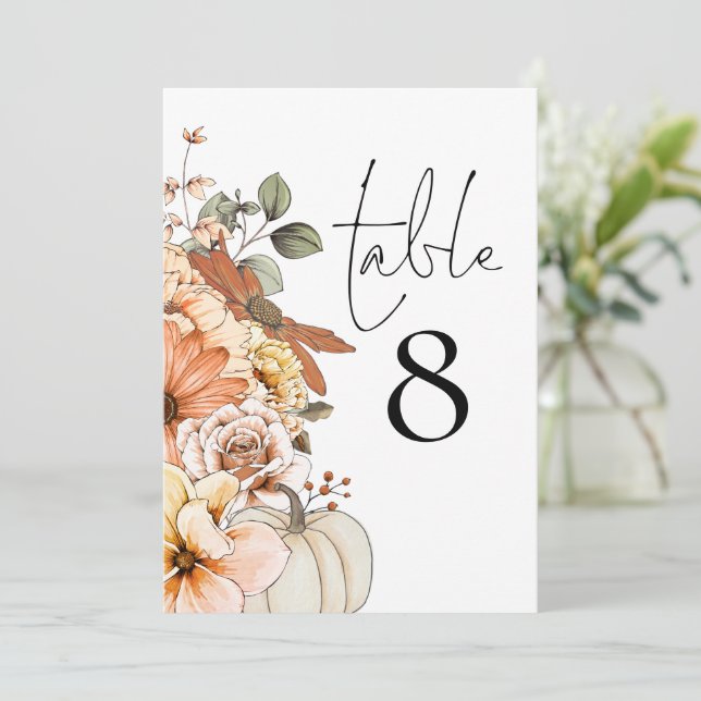 Autumn Floral Pumpkin Wedding Table Number (Standing Front)
