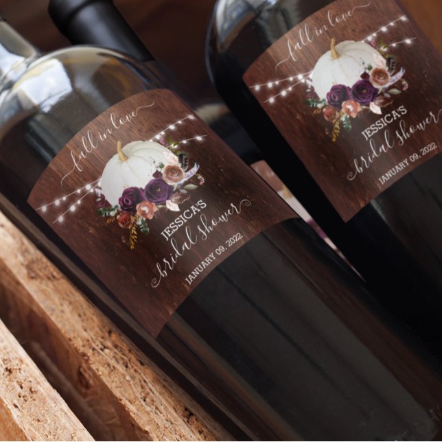 Autumn Floral Pumpkin Wood Bridal Shower  Wine Label (Creator Uploaded)