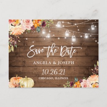 Autumn Floral Pumpkins String Lights Save The Date Invitation Postcard by CardHunter at Zazzle