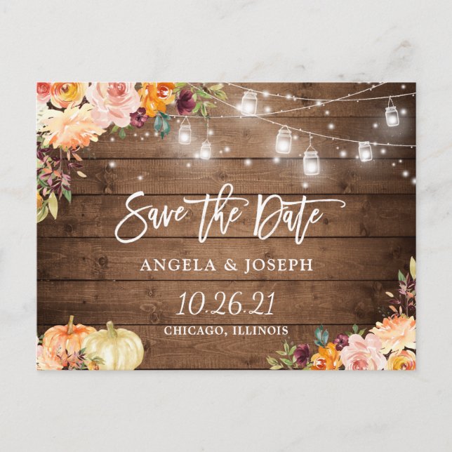 Autumn Floral Pumpkins String Lights Save the Date Invitation Postcard (Front)