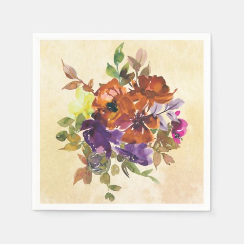 Autumn Floral Purple Blue Burnt Orange Watercolor  Napkins