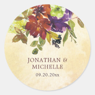 Autumn Floral Purple Burnt Orange Greenery Wedding Classic Round Sticker