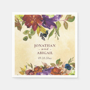 Autumn Floral Purple Burnt Orange Greenery Wedding Napkins