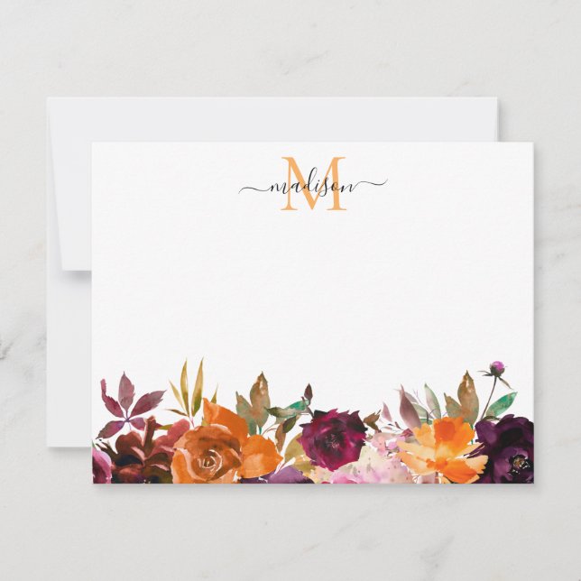 Autumn Floral Rose Burgundy Purple Gold Monogram Note Card (Front)