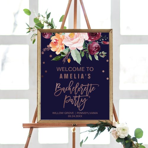 Autumn Floral Rose Gold Bachelorette Party Welcome Poster