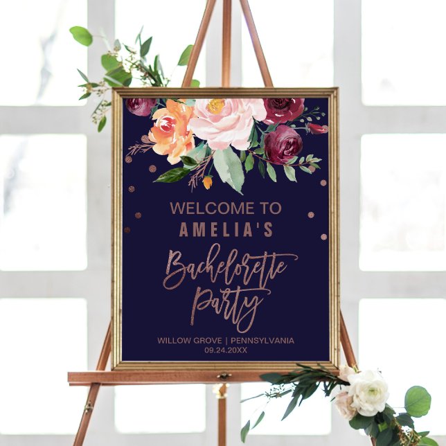 Autumn Floral Rose Gold Bachelorette Party Welcome Poster (Creator Uploaded)