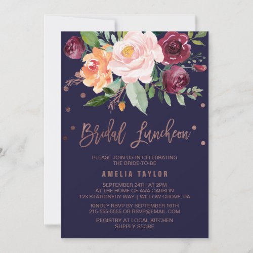 Autumn Floral Rose Gold Bridal Luncheon Invitation