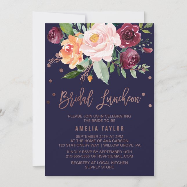 Autumn Floral Rose Gold Bridal Luncheon Invitation (Front)
