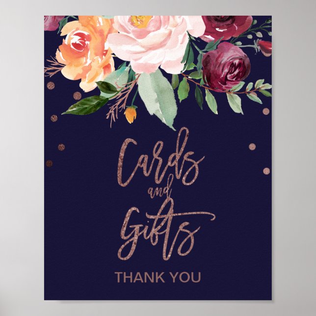 Autumn Floral Rose Gold Cards and Gifts Sign (Front)