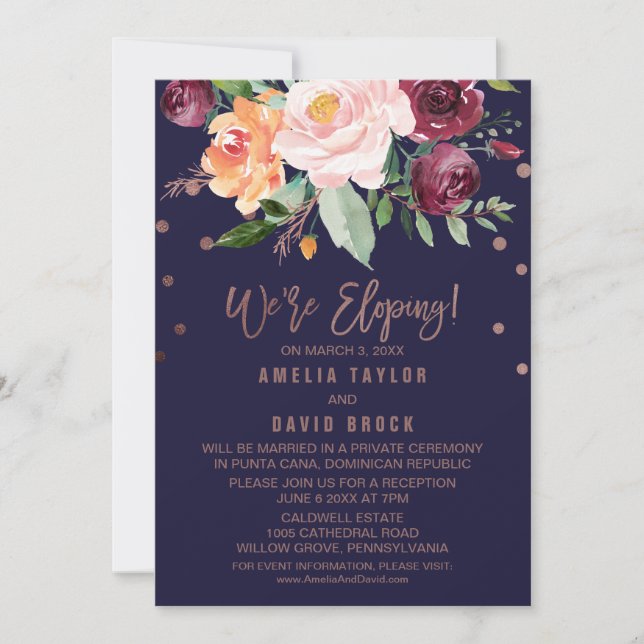 Autumn Floral Rose Gold Elopement Reception Invitation (Front)