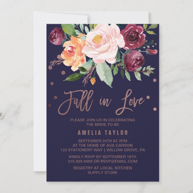 Autumn Floral Rose Gold Fall in Love Bridal Shower Invitation (Front)