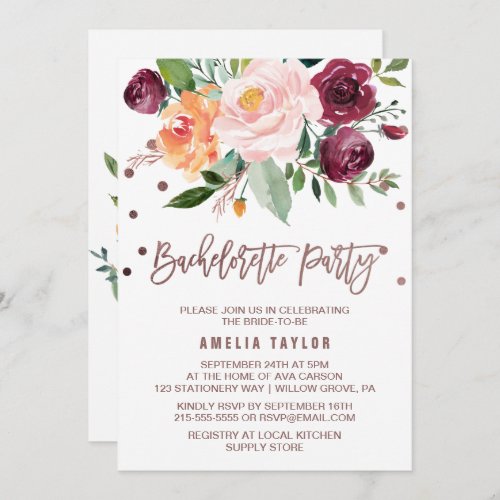 Autumn Floral Rose Gold Light Bachelorette Party Invitation