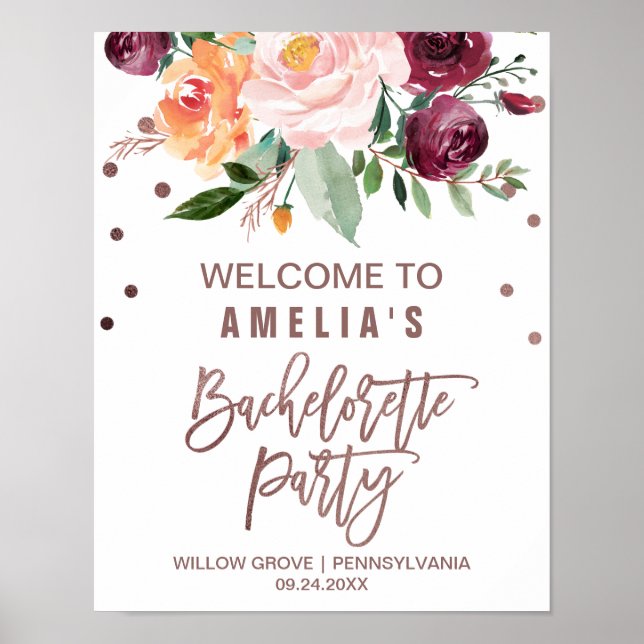Autumn Floral Rose Gold Light Bachelorette Welcome Poster (Front)