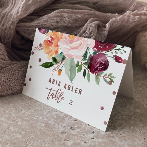 Autumn Floral Rose Gold Light Escort Place Cards