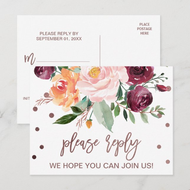 Autumn Floral Rose Gold Light Menu Choice RSVP (Front/Back)