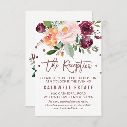 Autumn Floral Rose Gold Light Reception Card