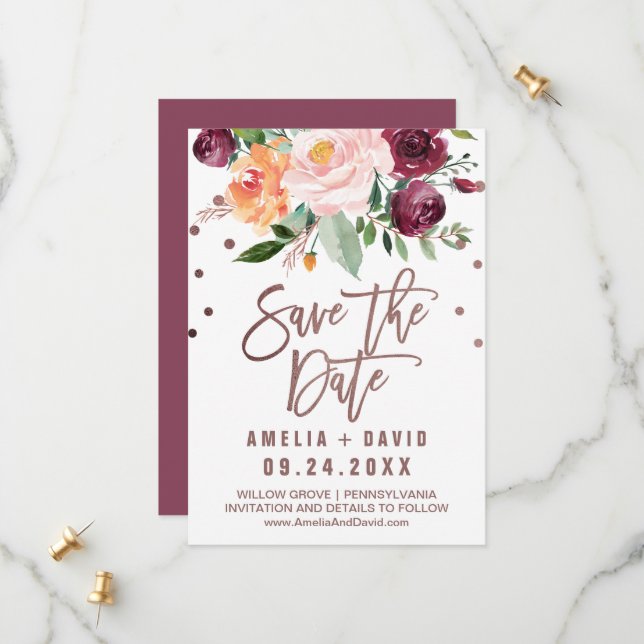 Autumn Floral | Rose Gold Light Save the Date Card (Front/Back In Situ)
