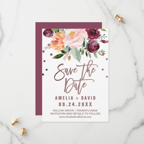 Autumn Floral  Rose Gold Light Save the Date Card