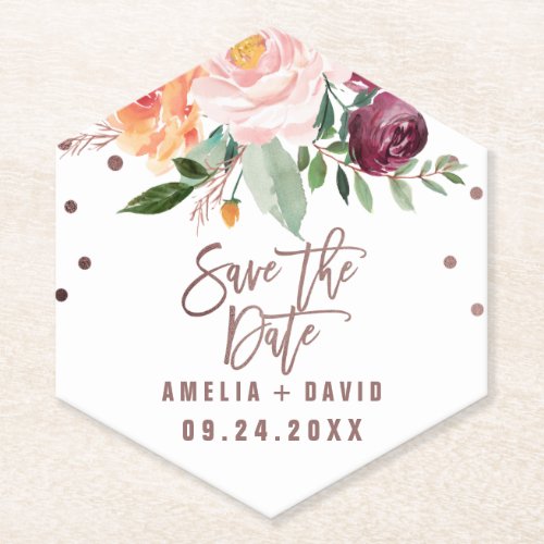 Autumn Floral  Rose Gold Light Save the Date Card Paper Coaster