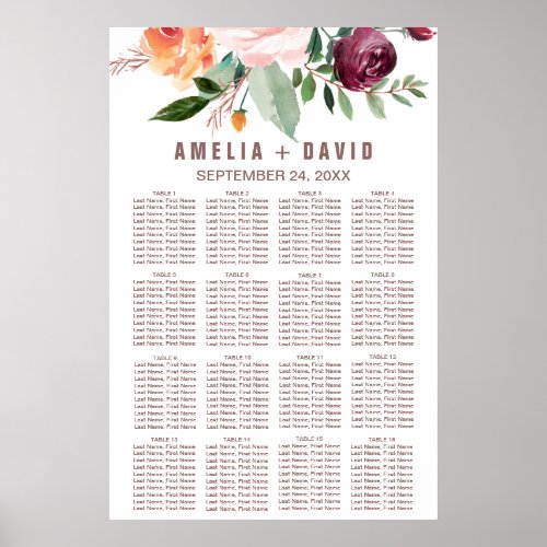 Autumn Floral Rose Gold Light Seating Chart