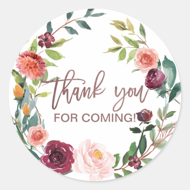 Autumn Floral Rose Gold Light Thank You Favor Classic Round Sticker (Front)