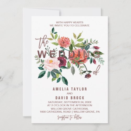 Autumn Floral Rose Gold Light Typography Wedding Invitation
