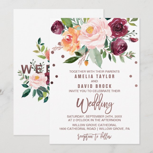 Autumn Floral Rose Gold Light Typography Wedding Invitation (Front/Back)