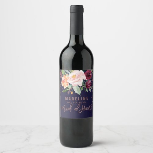 Autumn Floral Rose Gold Maid of Honor Wine Label