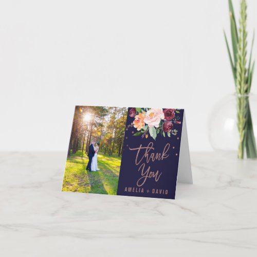 Autumn Floral Rose Gold Photo Thank You Card