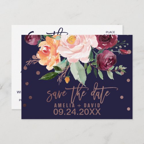 Autumn Floral Rose Gold Save the Date Announcement Postcard