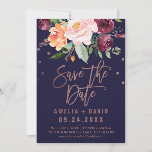 Autumn Floral  Rose Gold Save the Date Card