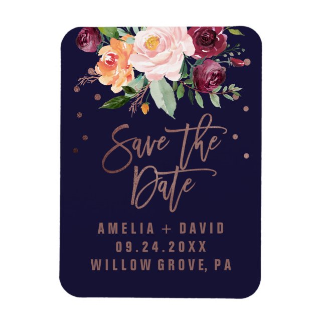 Autumn Floral Rose Gold Save the Date Magnet (Vertical)