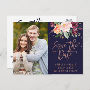 Autumn Floral Rose Gold Save the Date Photo Announcement Postcard