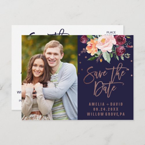 Autumn Floral Rose Gold Save the Date Photo Announcement Postcard
