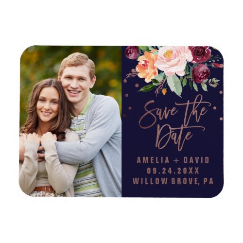 Autumn Floral Rose Gold Save the Date Photo Magnet