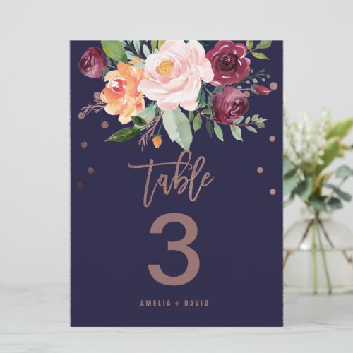 Autumn Floral Rose Gold Table Number Large