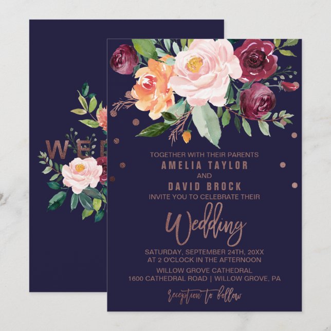 Autumn Floral Rose Gold Typography Backing Wedding Invitation (Front/Back)