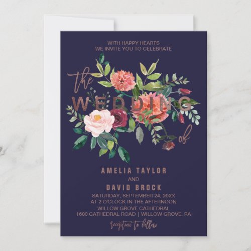 Autumn Floral Rose Gold Typography Wedding Invitation