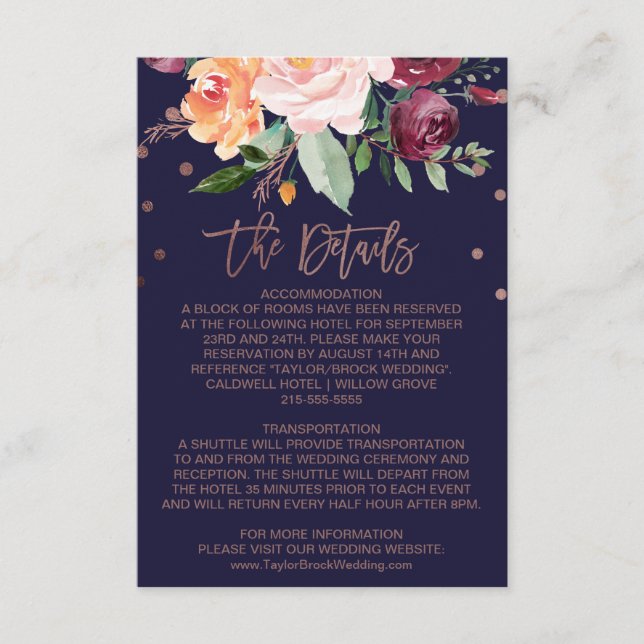 Autumn Floral Rose Gold Wedding Details Card (Front)